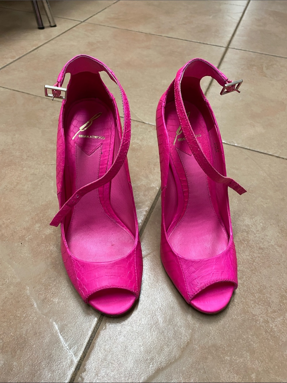 Brian Atwood Hot Pink Croc-Embossed Open-Toe Ankle-Strap Pumps